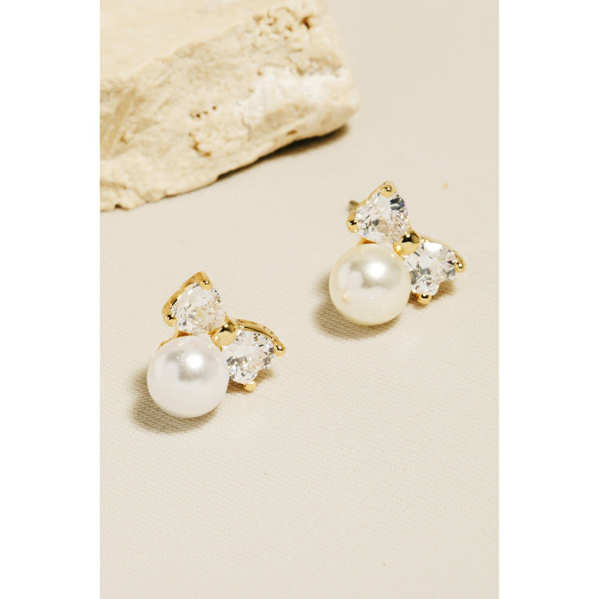 PEARL BEAD CZ RIBBON BOW STUD EARRING