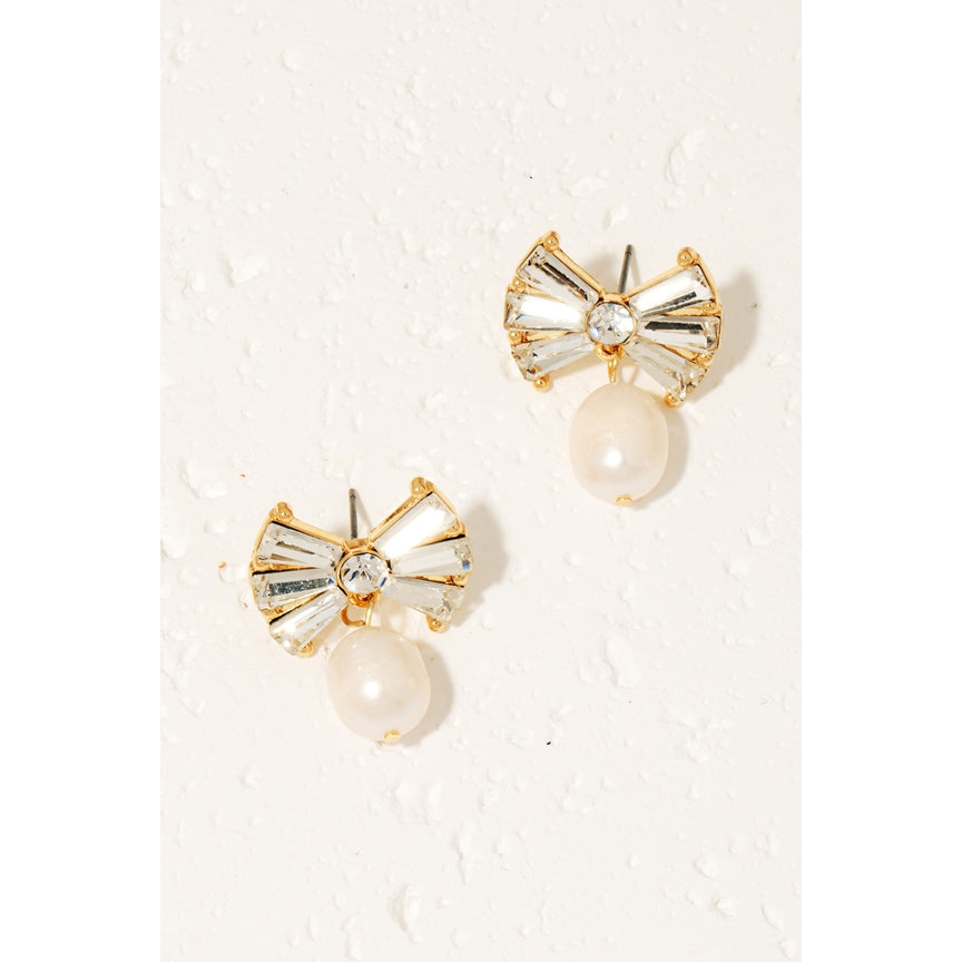 PEARL BEAD CHARM RHINESTON BOW STUD EARRING