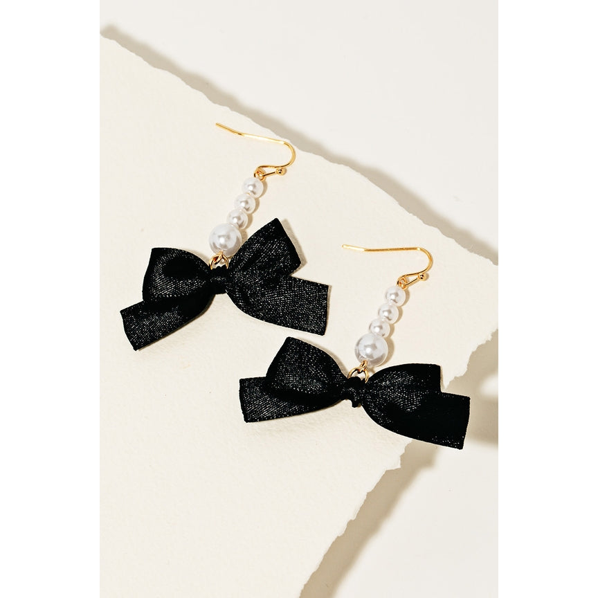 PEARL BEADED BAR BLACK RIBBON BOW DANGLE EARRING