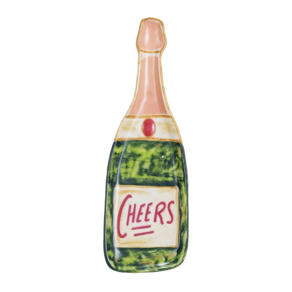 STONEWARE CHAMPAGNE BOTTLE CHEERS DISH