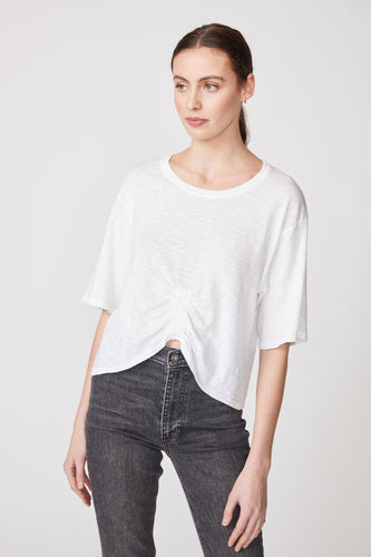 White Supima Slub Short Sleeve Ruched Top