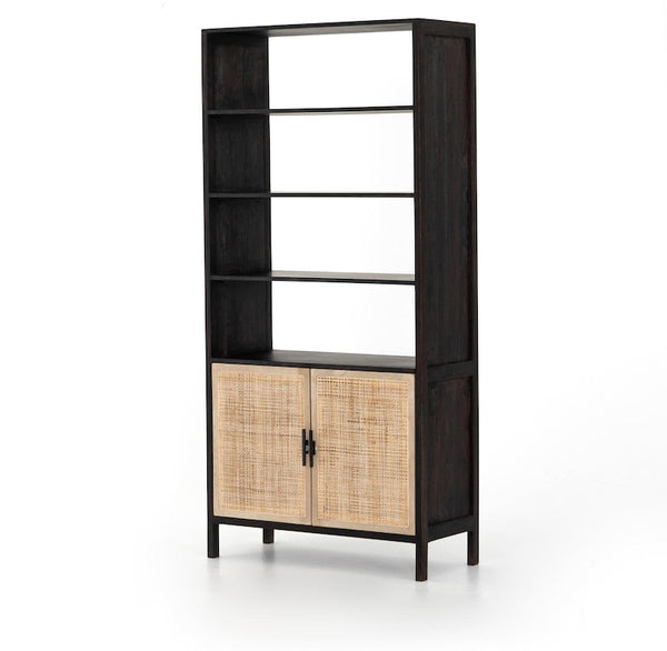 NATURAL CANE AND BLACK BOOKSHELF